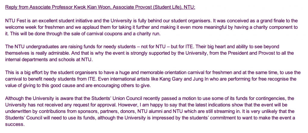 Associate Professor Kwok Kian Woon, Associate Provost (Student Life), responded to queries from the Nanyang Chronicle.