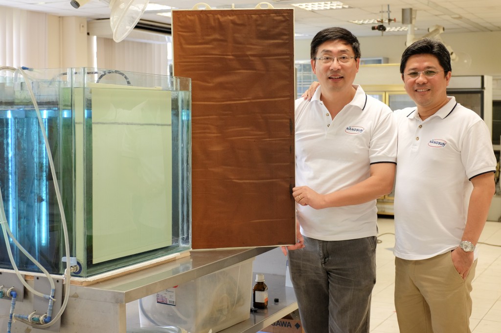 CLEANER WATER: Associate Professor Darren Sun (right) and Adjunct Professor Wong Ann Chai (left) with their 3D printed innovative multi use membrane.