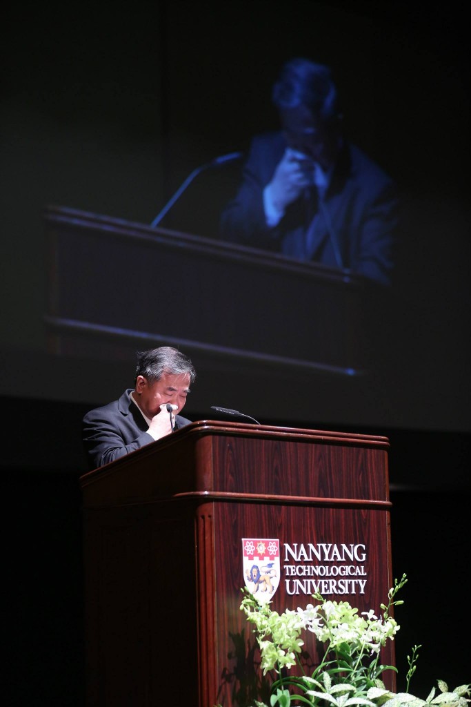 HOLDING BACK TEARS: Prof Boey delivered a heartfelt speech, in which he expressed his gratefulness to the late Mr Lee for having transformed Singapore from a less developed country into the metropolis it is today. PHOTO: NTU