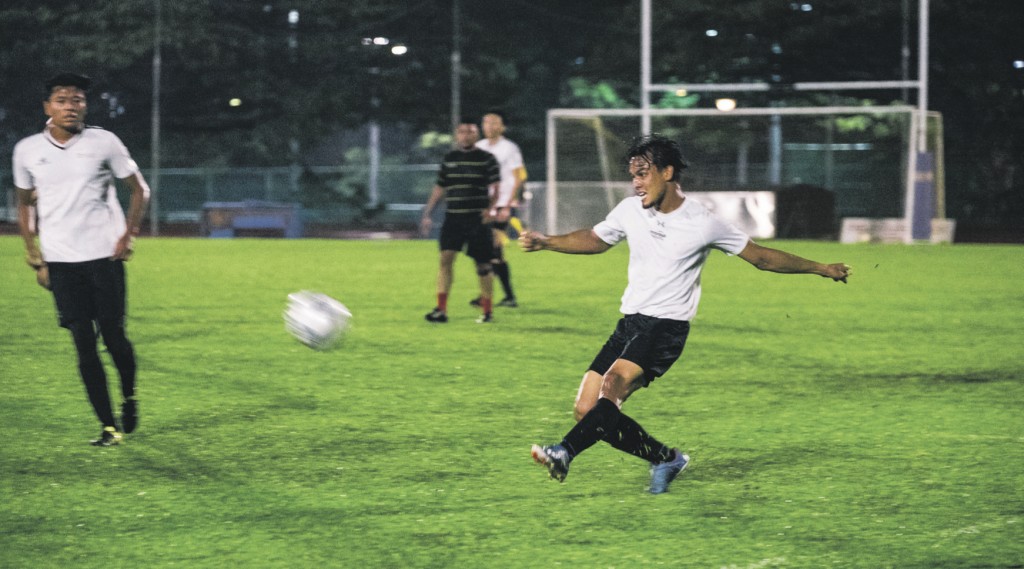 NTU footballer Ikhwan Risydah (centre) has scored once in four friendly matches since AUG training started in late February. PHOTO: KENJI KWOK