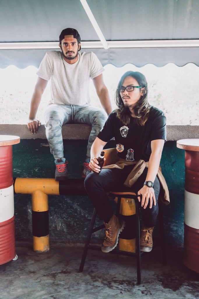 On Sat (left): Top, from Zara, $59.90; Pants, from Pull & Bear, $39.90; Cap, from Pull & Bear, $29.90; Shoes and watch, Model’s own.  On Raymond (right): Top, from Bershka, $29.90; Shirt (worn as jacket), from Pull & Bear, $45.90; Pants, shoes and watch, Model’s own.