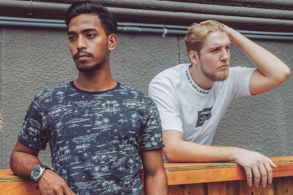 On Ibrahim (left): Top, from Pull & Bear, $19.90; Pants, from Zara, $49.90; Shoes and watch, Model’s own.  On Patrick (right): Top, from Bershka, $29.90; Pants, shoes and ring, Model’s own.