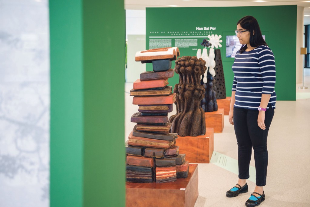 The scuplture ‘Heap of Books’ by renowned local artist Han Sai Por will be moved to the lobby of the Student Services Centre after the exhibtion at LKCMed is over. PHOTO: ZHENG JUNCEN