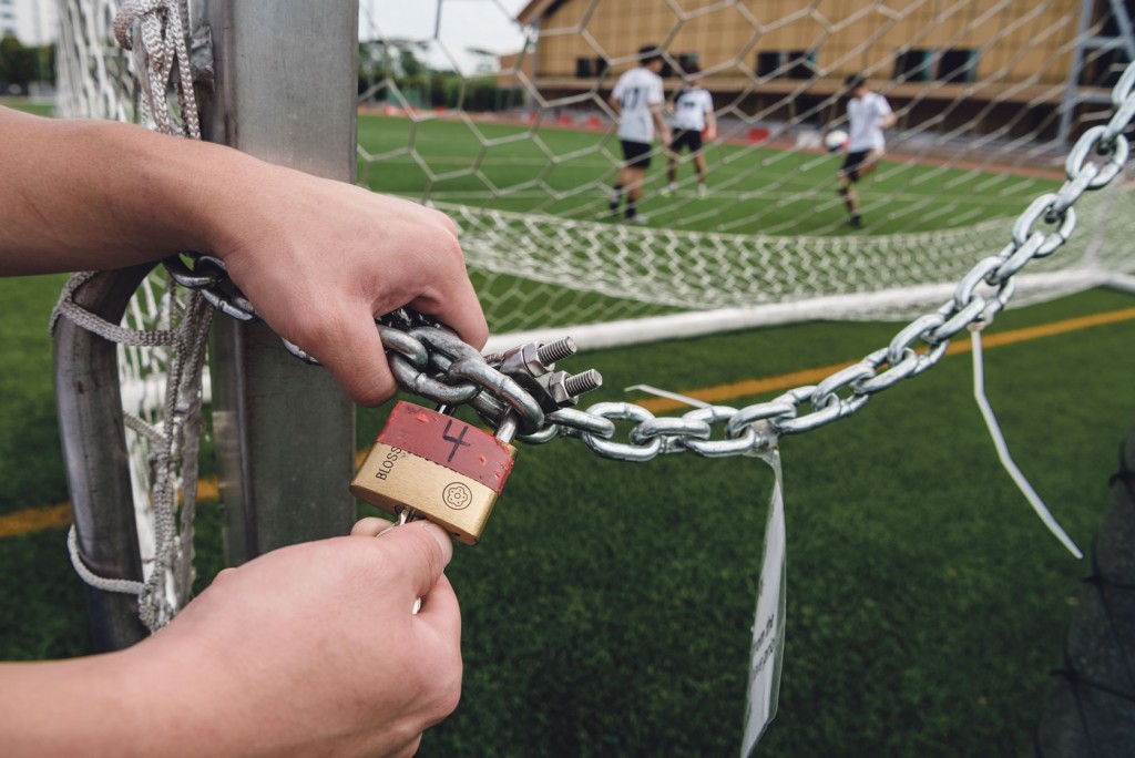 Those who want to use the full-sized goalposts at the SRC's three fields now need to draw a key from the SRC. PHOTO: ZHENG JUNCEN