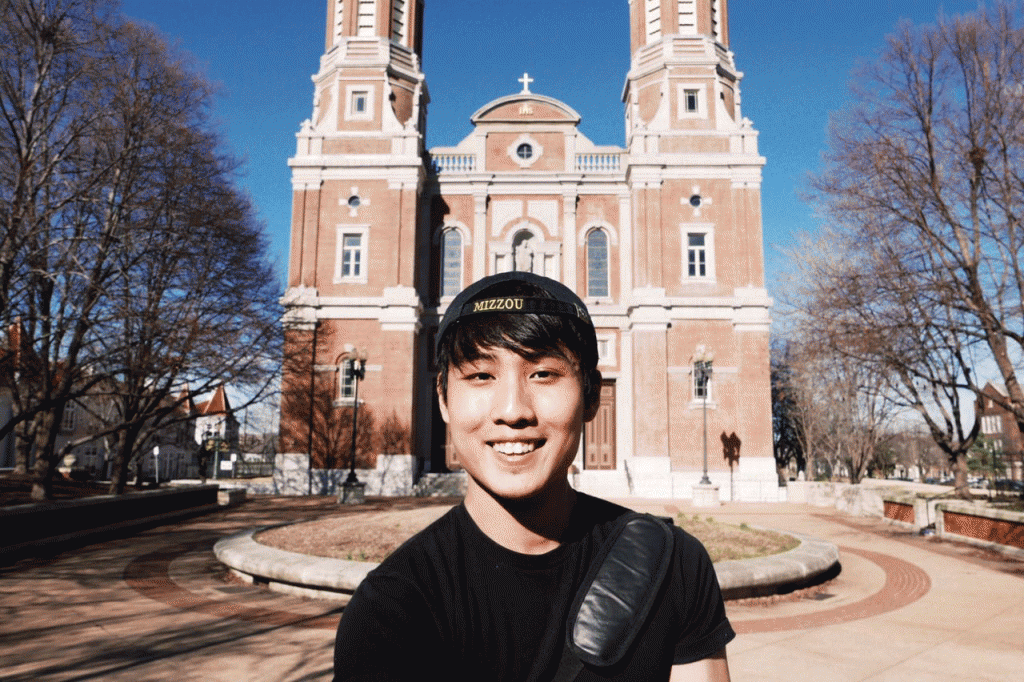 Bertrand getting a selfie at one of the most historical landmarks of St. Louis, the Shrine of St. Joseph